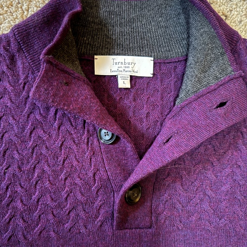 Turnbury Extra Fine Merino Wool Sweater L 1/4 Zip Purple Long Sleeve Pullover